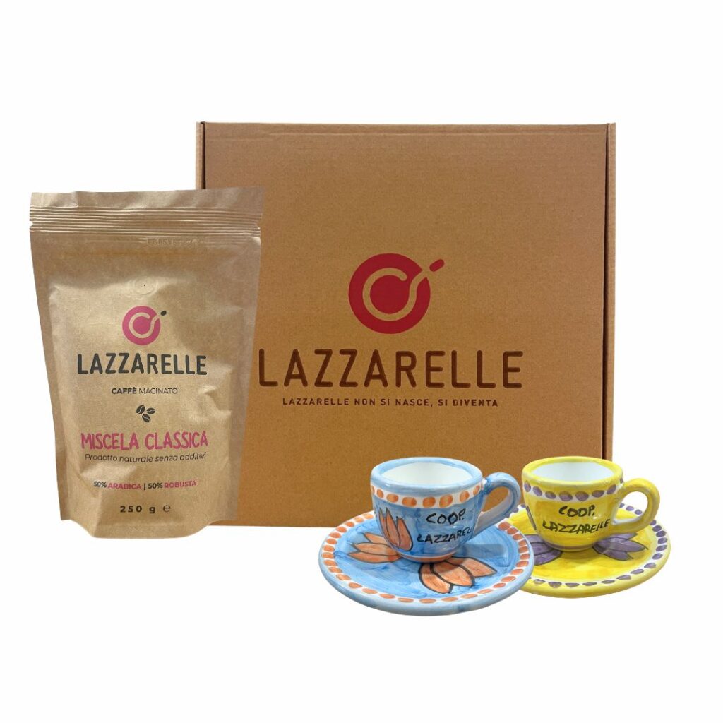 Tazzine caffè napoli confezione bundle con caffè Lazzarelle e coppia tazzine piattini artigianali Vietri